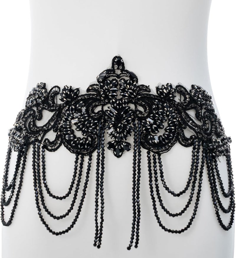amusediy Black Beaded Rhinestones Applique Embellishment for Clothes,Epaulettes Shoulder Patches Sew-on Diamond Sequin Applique for Wedding Dress DIY Accessories Belt Waist Decoration - Image 3
